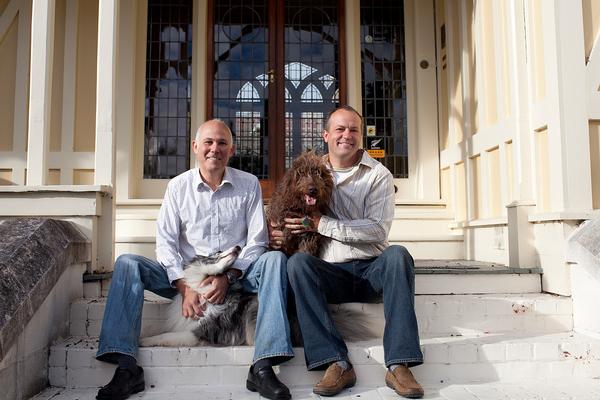 James Glucksman and James Boussy with their dogs at Pen-y-bryn